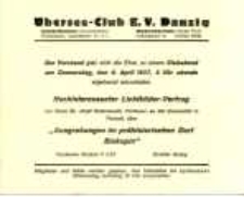 Zaproszenie na wykład J. Kostrzewskiego nt. wykopalisk w Biskupinie w klubie Űbersee-Club w Gdańsku