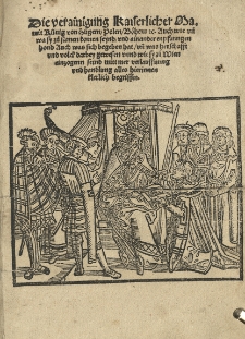 Die verainigung Kaiserlicher Ma[yest&auml;t] mit K&uuml;nig von Hu[n]gern, Polen / B&ouml;hmen ec. Auch wie un[d] wa sy zu samen komen seynd, und ainander enpfanngen hond. Auch was sich begeben hat / un[d] was herrschafft und volck darbey gewesen vnnd / wie sy zu Wien einzogenn seind mitt mer verlauffung und handlung alles hierinnen klerlich begriffen. ???
