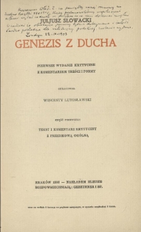 Genezis z Ducha. Cz. 1, Tekst i komentarz krytyczny z przedmową og&oacute;lną