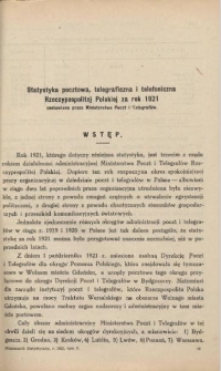 Statystyka pocztowa, telegraficzna i telefoniczna Rzeczypospolitej Polskiej za rok 1921 zestawiona przez Ministerstwo Poczt i Telegraf&oacute;w