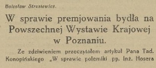 W sprawie premjowania bydła na Powszechnej Wystawie Krajowej w Poznaniu