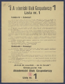 [Afisz] : [Incipit:] Koleżanki i koledzy! Tyle już zapisano papieru na marginesie wybor&oacute;w bratniackich, że nasuwa się potrzeba zdementowania na zimno nonsens&oacute;w dotychczasowej kampanii i wypowiedzenia ostatniego słowa [...] / Akademicki Blok Gospodarczy.